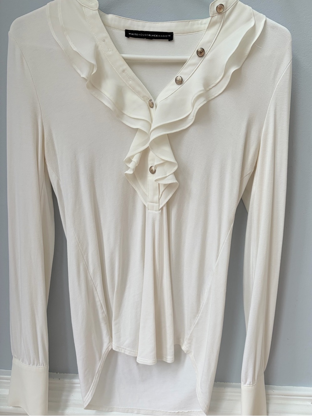 White House Black Market Cream Ruffle V-Neck Button Front Blouse
